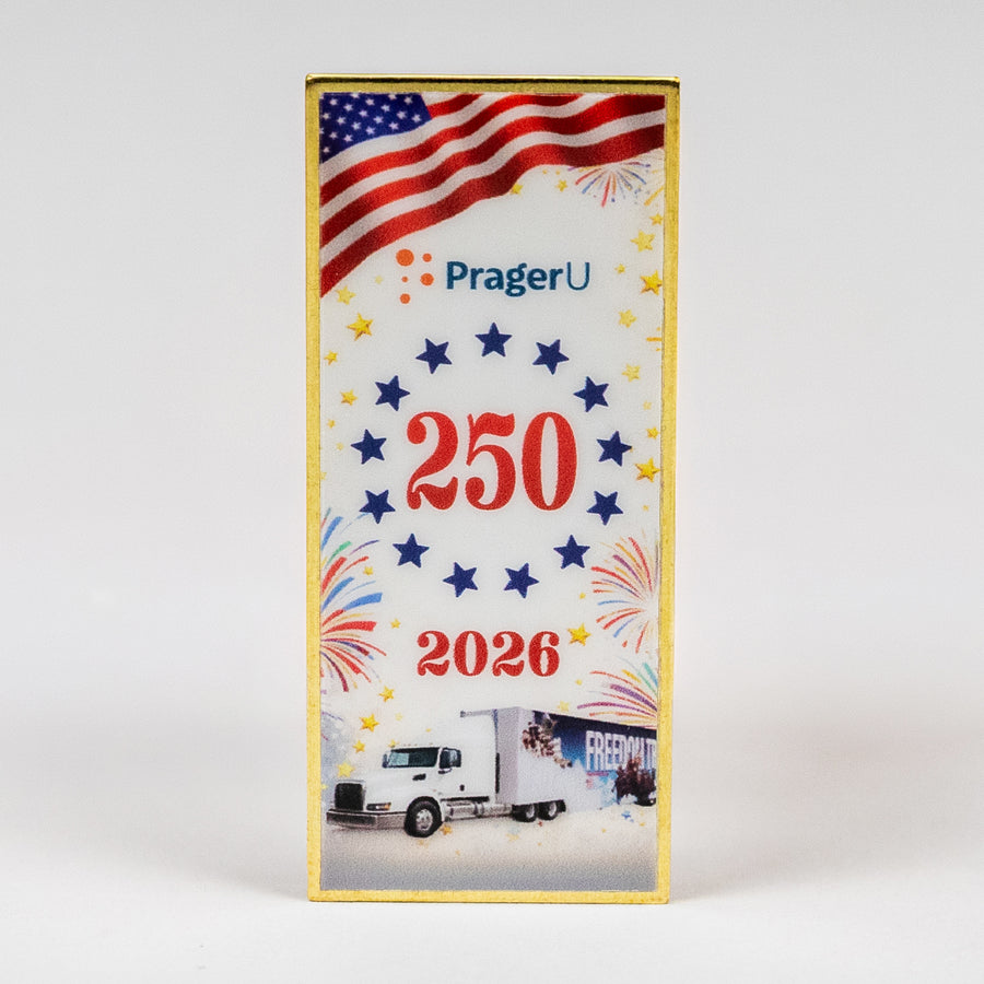 2026 America's 250th Pin of the Year by PragerU featuring a gold-colored emblem with patriotic design and the year 2026.