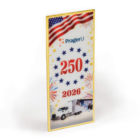 2026 America 250 Pin of the Year by PragerU featuring a patriotic design with stars and stripes, celebrating American history and pride.