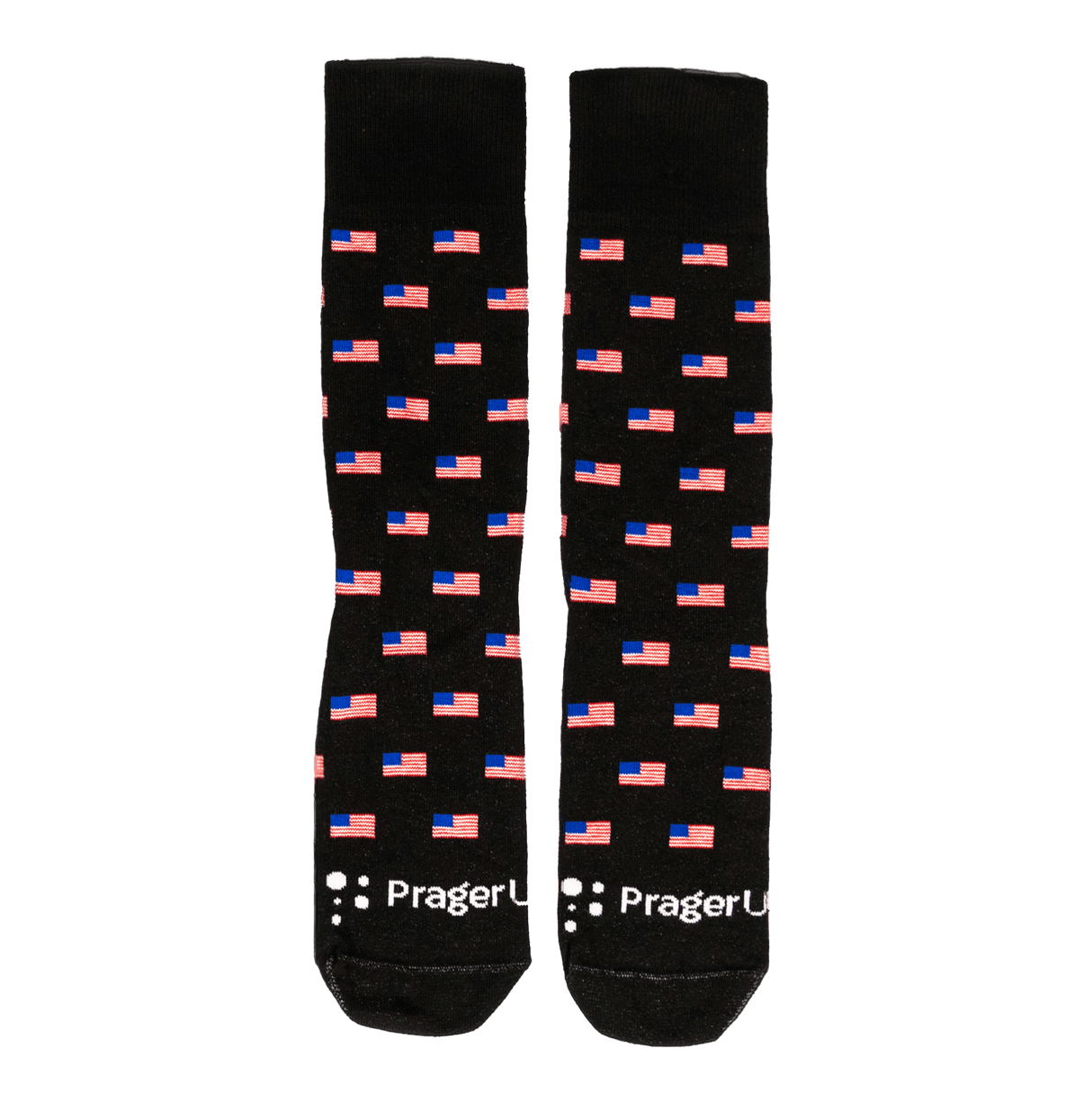 Black Flag Socks by PragerU featuring patriotic flag design, made of comfortable material for everyday wear.