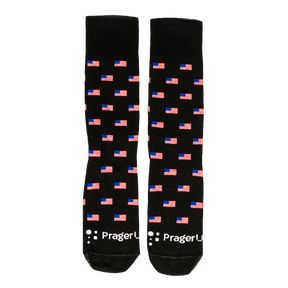 Black Flag Socks by PragerU featuring patriotic flag design, made of comfortable material for everyday wear.