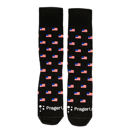 Black Flag Socks by PragerU featuring patriotic flag design, made for comfortable wear and bold style.
