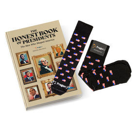 Honest Book of Presidents and flag socks bundle from PragerU, featuring a book cover and patriotic flag socks.
