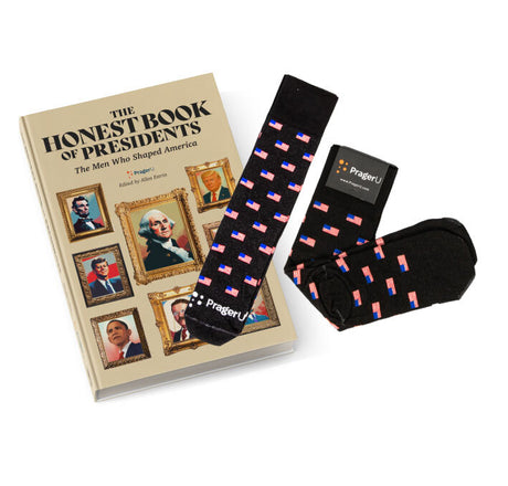 PragerU Honest Book of Presidents and flag-themed socks bundle, featuring a book cover and patriotic sock design.