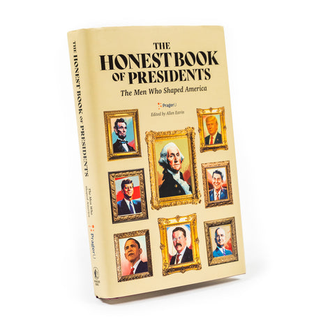 Cover image of "The Honest Book of Presidents" by PragerU, featuring a book about American presidents and historical illustrations.