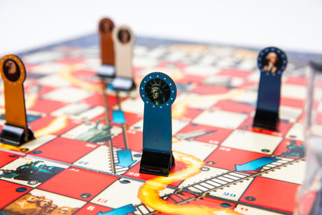 Celebrate America Race to the White House board game by PragerU, featuring colorful game pieces and a patriotic-themed game board.