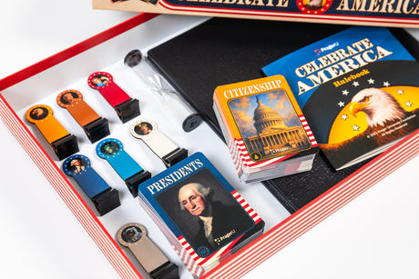 Celebrate America Race to the White House board game by PragerU, featuring colorful game pieces and a vibrant game board.