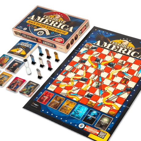 PragerU Celebrate America Race to The White House board game with colorful game pieces and a game board featuring political themes.