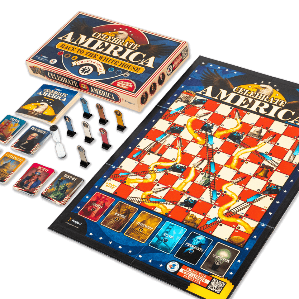 Celebrate America race to the White House board game by PragerU, featuring colorful game pieces and a game board with patriotic themes.