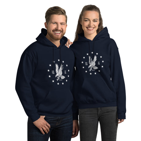 White emblem Freedom Eagle hoodie by PragerU, black hoodie with front white eagle logo, casual and comfortable clothing.