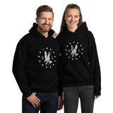 White emblem on a black PragerU Freedom Eagle hoodie, showing the front view of the hoodie with the design clearly visible.
