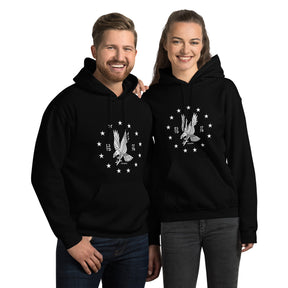 White emblem on a black PragerU Freedom Eagle hoodie, showing the front view of the hoodie with the design clearly visible.