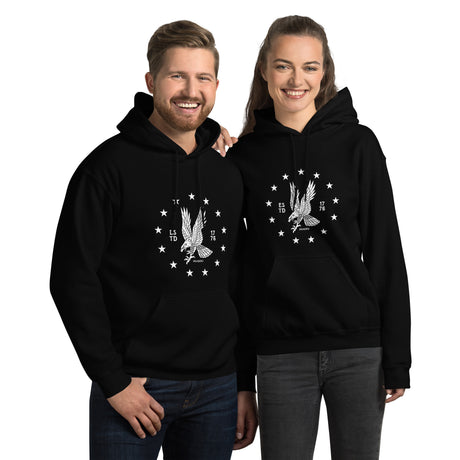 White emblem on a black PragerU Freedom Eagle hoodie, showing the front view of the hoodie with the design clearly visible.