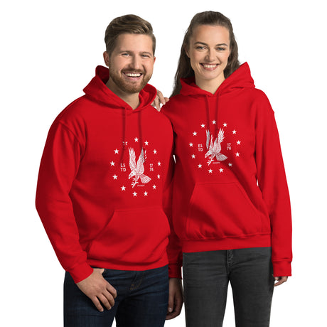 White emblem Freedom Eagle hoodie by PragerU, featuring a bold eagle design on the front, black hoodie with adjustable drawstrings.