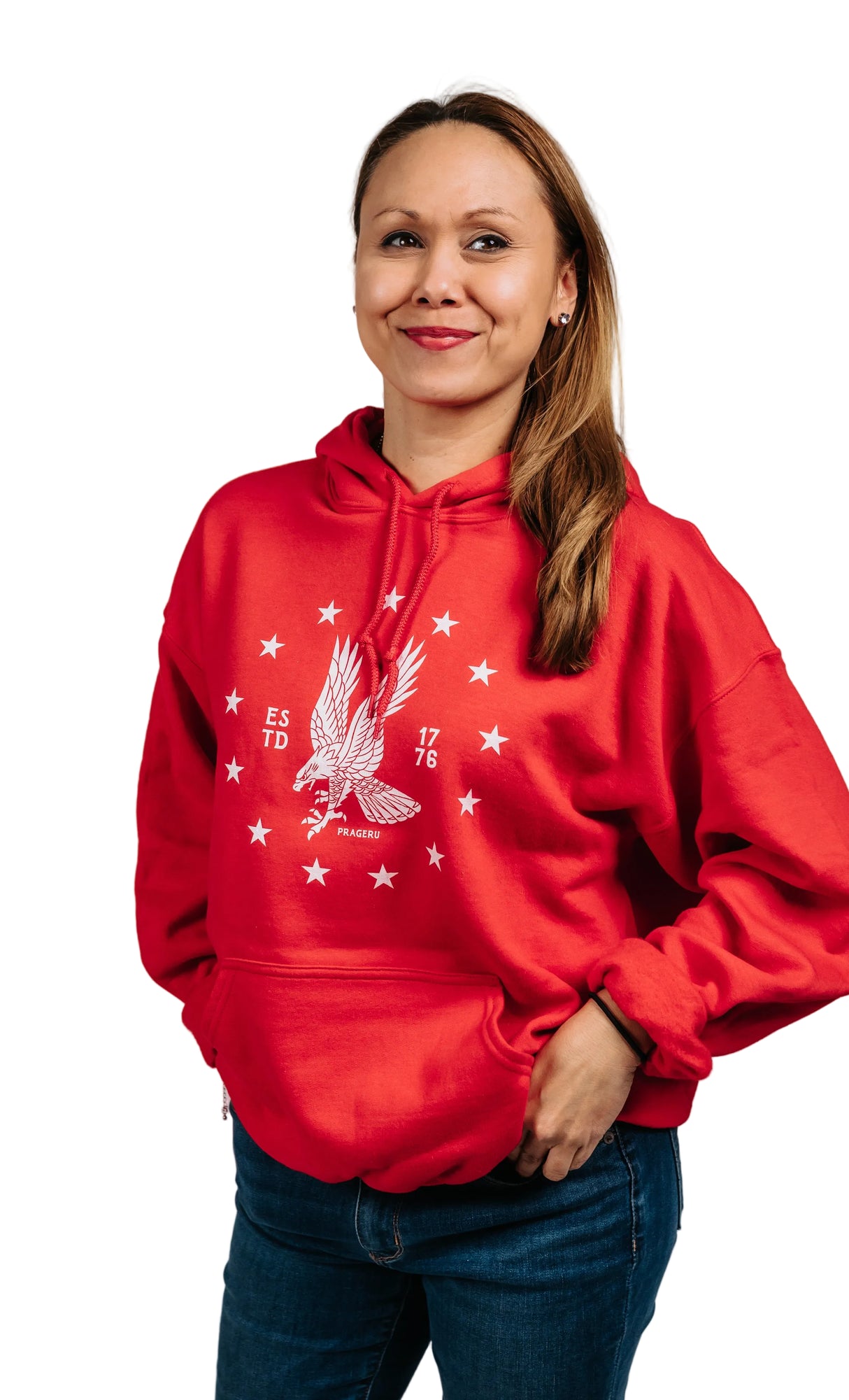 White emblem Freedom Eagle hoodie by PragerU, black hoodie with front white eagle logo, casual and comfortable clothing.