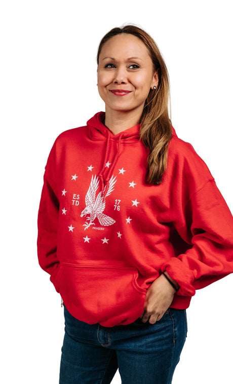 White emblem Freedom Eagle hoodie by PragerU, black hoodie with front white eagle logo, casual and comfortable clothing.