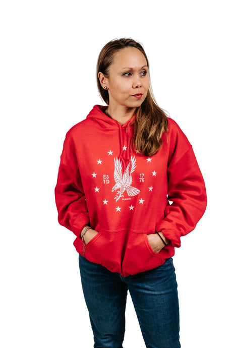 White emblem Freedom Eagle hoodie by PragerU, featuring a bold eagle design on black hoodie fabric.
