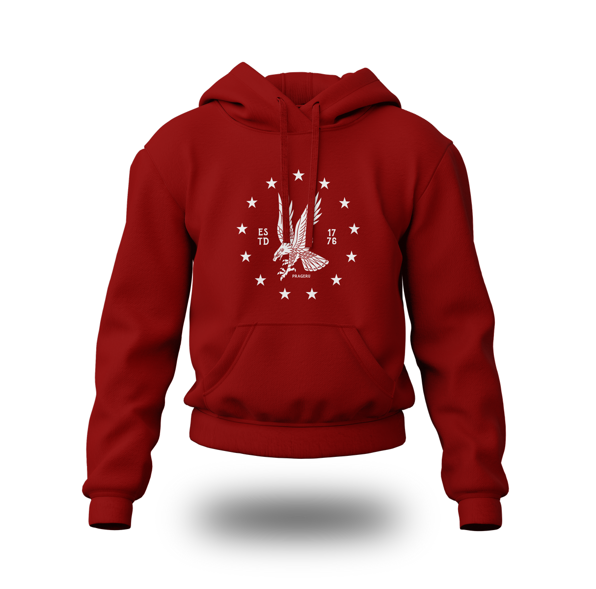 White emblem on black PragerU Freedom Eagle hoodie, showing the front view of the casual hoodie with hood and logo.