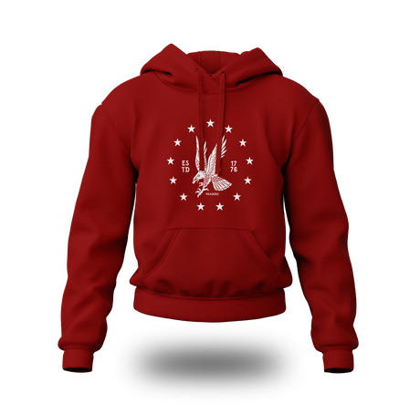 White emblem on black PragerU Freedom Eagle hoodie, showing the front view of the casual hoodie with hood and logo.