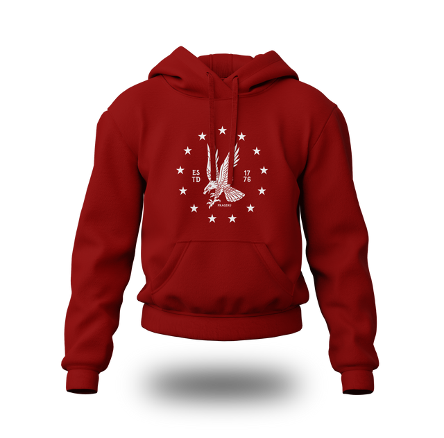 White emblem on black PragerU Freedom Eagle hoodie, showing the front view of the casual hoodie with hood and logo.