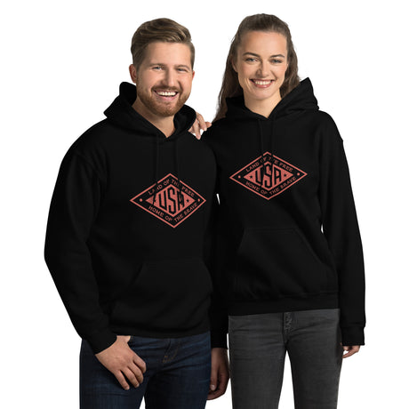 PragerU Land of the Free USA hoodie in black with red logo, featuring a casual fit and comfortable fabric for everyday wear.