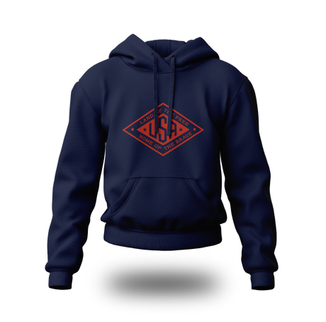 Red logo Land of the Free USA hoodie by PragerU, black hoodie with patriotic design and comfortable fabric.