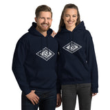 White logo hoodie by PragerU featuring "Land of the Free USA" design, casual pullover hoodie with front graphic.