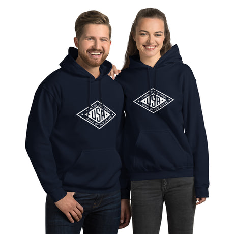 White logo Land of the Free USA hoodie by PragerU featuring a comfortable black hoodie with patriotic design.