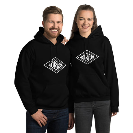 White logo Land of the Free USA hoodie by PragerU, black hoodie with patriotic design and comfortable fit.
