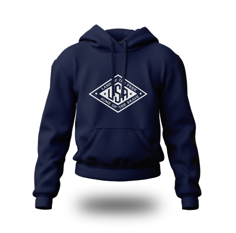 White Land of the Free USA hoodie by PragerU, featuring a white logo on the front, displayed on a black hoodie.