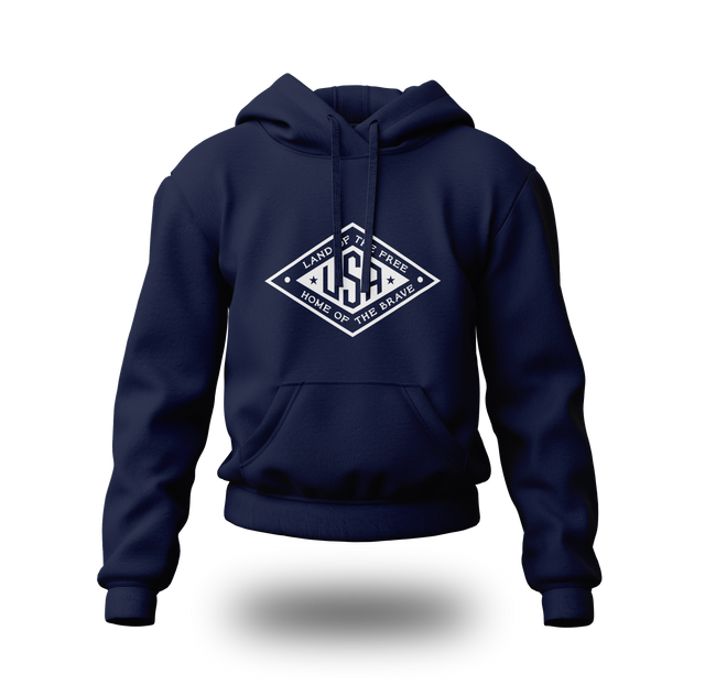 White logo hoodie from PragerU's Land of the Free USA collection, featuring a comfortable hoodie with patriotic design.