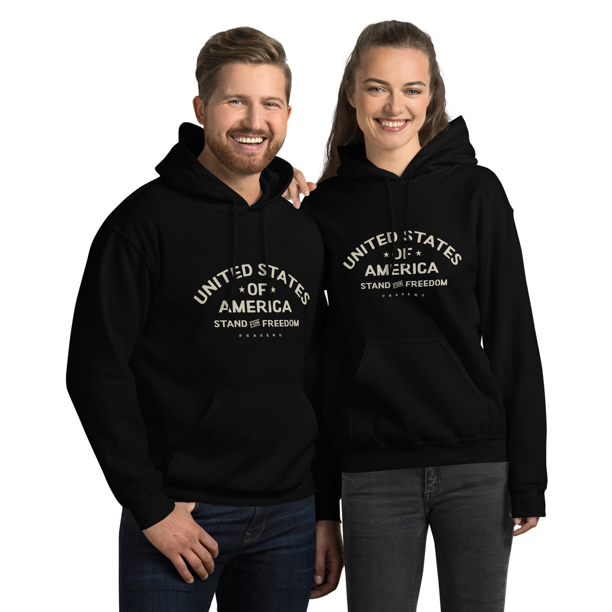 Beige PragerU Stand for Freedom hoodie with logo, featuring a casual fit and soft fabric, displayed on a hanger.