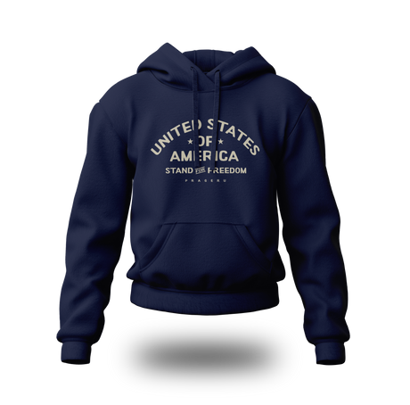 Beige PragerU Stand for Freedom hoodie with logo, casual long-sleeve hoodie displayed on a plain background.