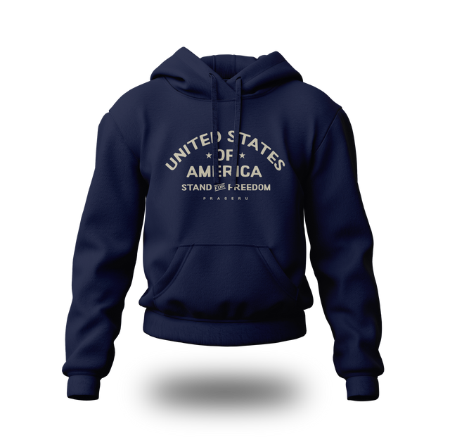 Beige PragerU Stand for Freedom hoodie with logo, casual long-sleeve hoodie displayed on a plain background.