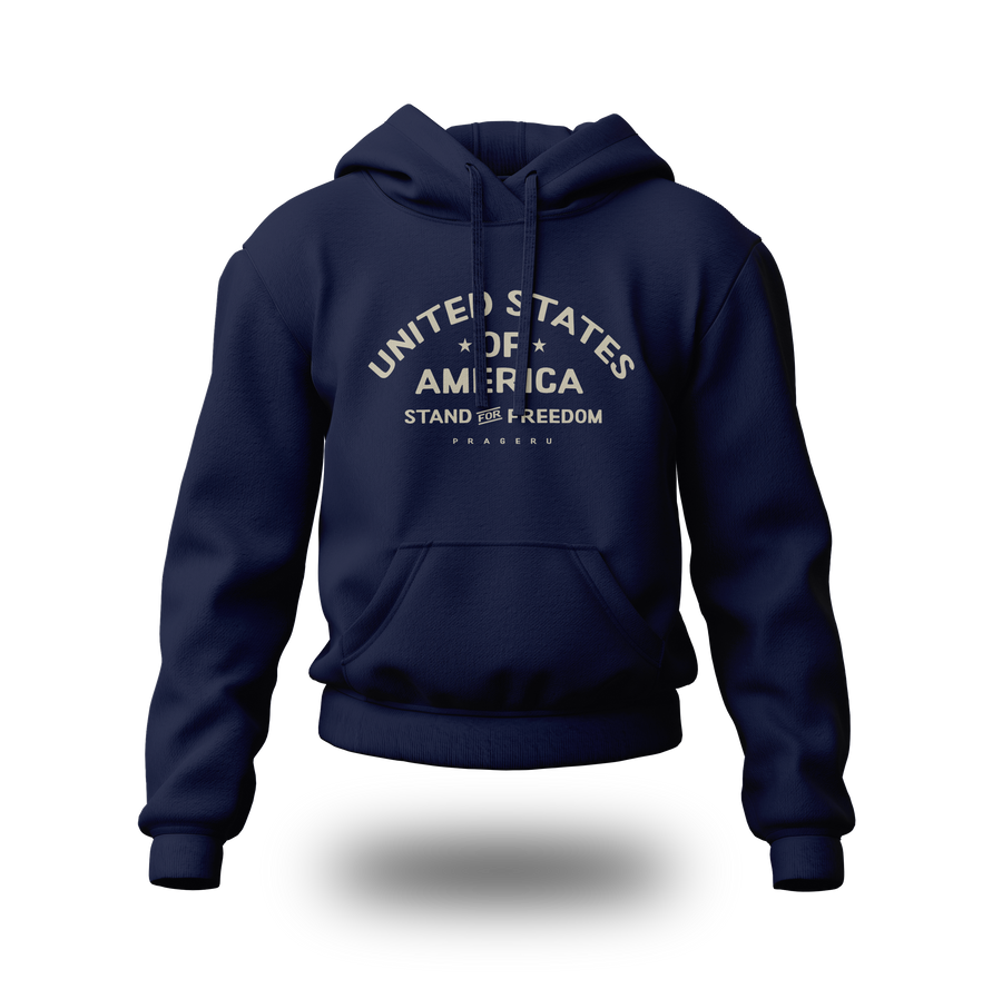 Beige PragerU Stand for Freedom hoodie with logo, casual long-sleeve hoodie displayed on a plain background.