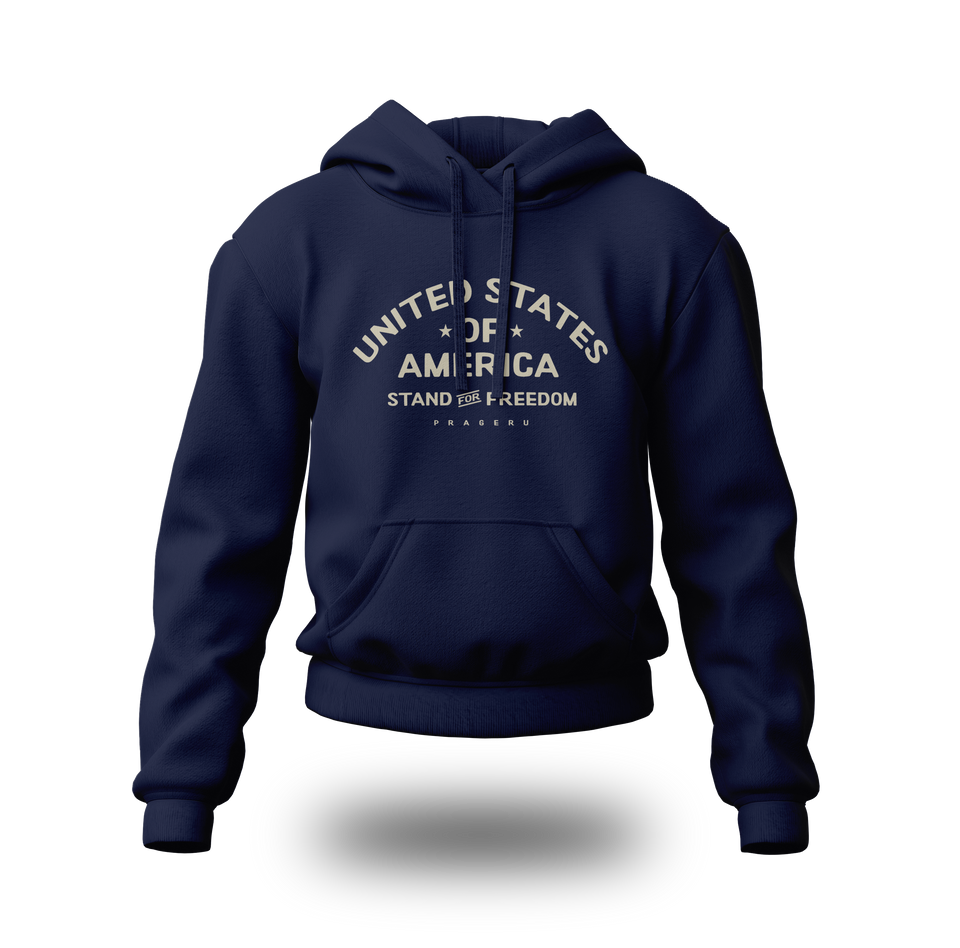 Beige PragerU Stand for Freedom hoodie with logo, casual long-sleeve hoodie displayed on a plain background.