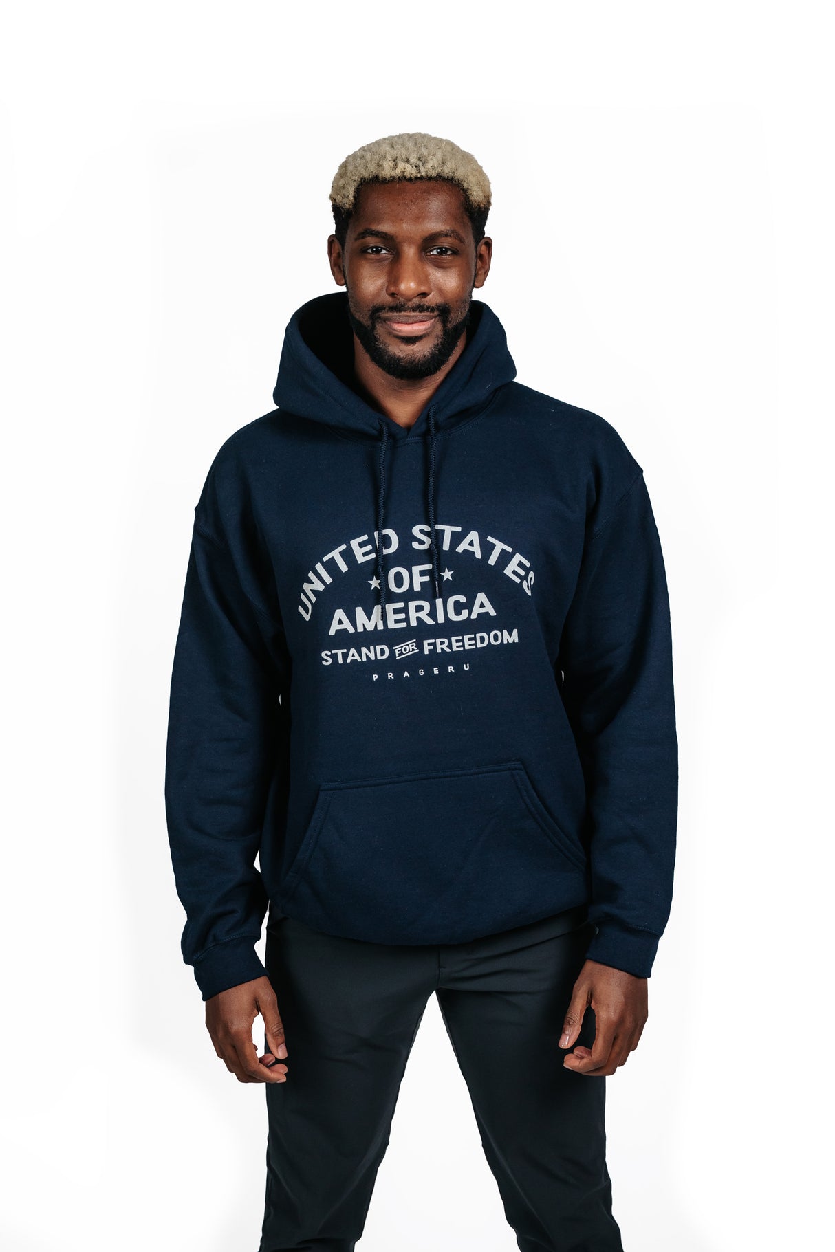 Beige PragerU "Stand for Freedom" hoodie with logo, casual fit, front view showing the printed logo on the chest.