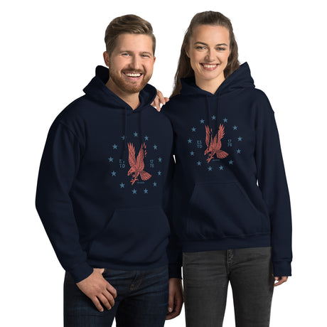 Red emblem on PragerU Freedom Eagle hoodie, showcasing a comfortable hoodie with patriotic eagle design.