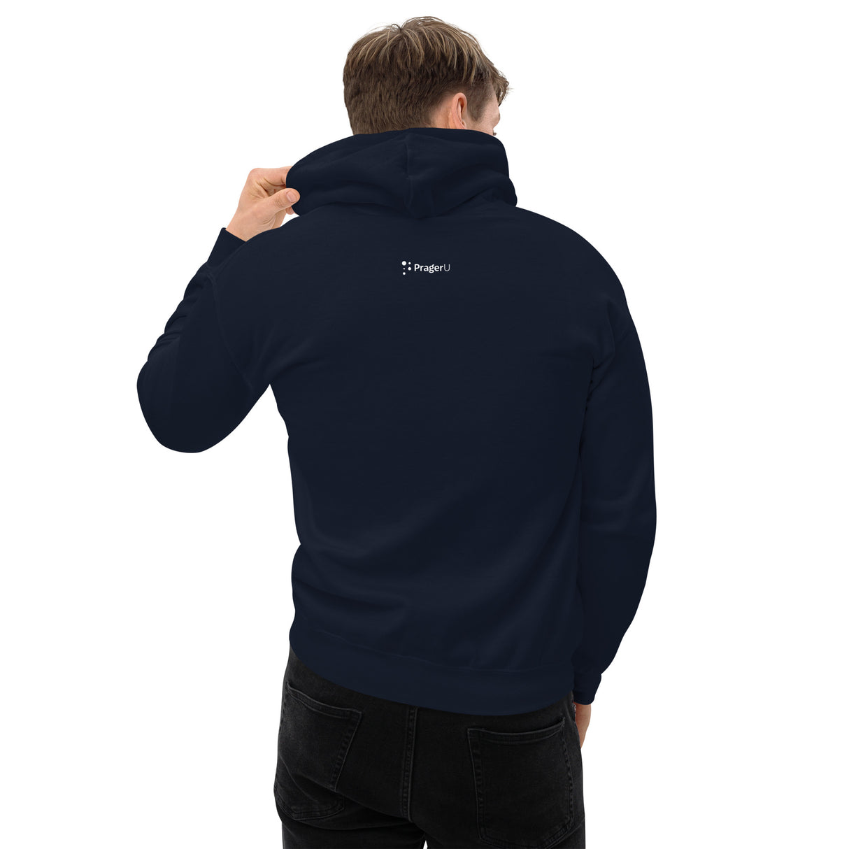 Red emblem on PragerU Freedom Eagle hoodie featuring a bold eagle design, casual hoodie style, front view.
