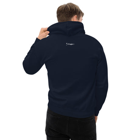 Red emblem on PragerU Freedom Eagle hoodie featuring a bold eagle design, casual hoodie style, front view.
