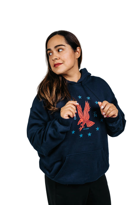 Red emblem Freedom Eagle hoodie by PragerU, featuring a bold eagle graphic on a stylish hoodie for casual wear.