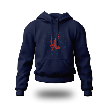 Red emblem on PragerU Freedom Eagle hoodie, featuring a bold eagle graphic on a comfortable hoodie.