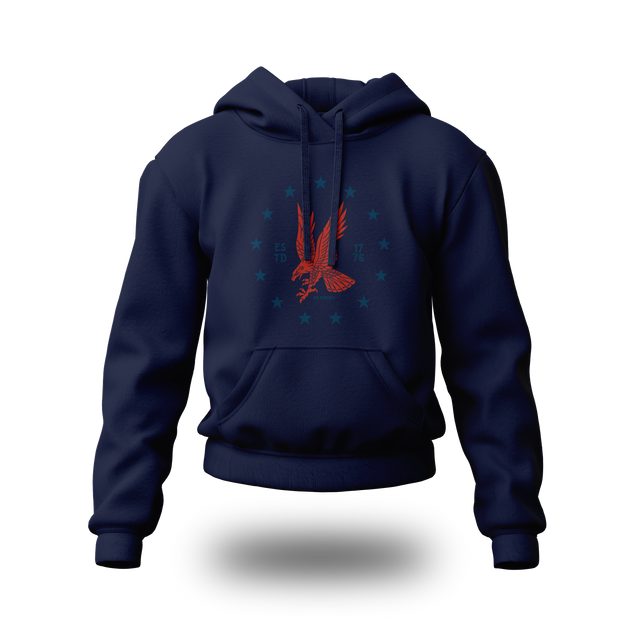Red emblem on PragerU Freedom Eagle hoodie, featuring a bold eagle graphic on a comfortable hoodie.