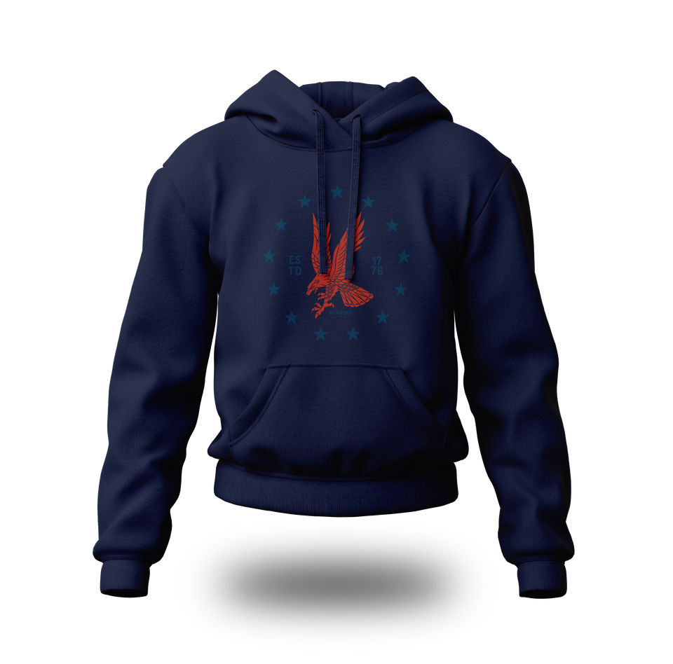 Red emblem on PragerU Freedom Eagle hoodie, featuring a bold eagle graphic on a comfortable hoodie.