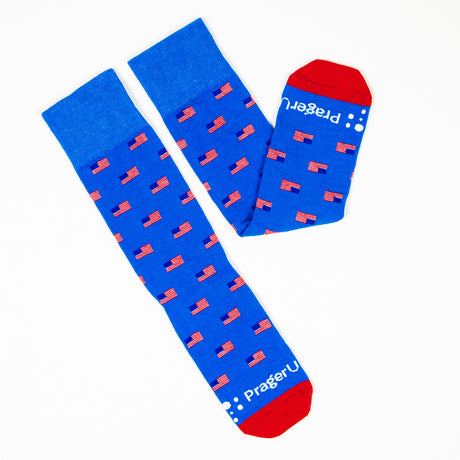 Blue Flag Socks by PragerU featuring patriotic flag design, comfortable cotton socks for casual wear.