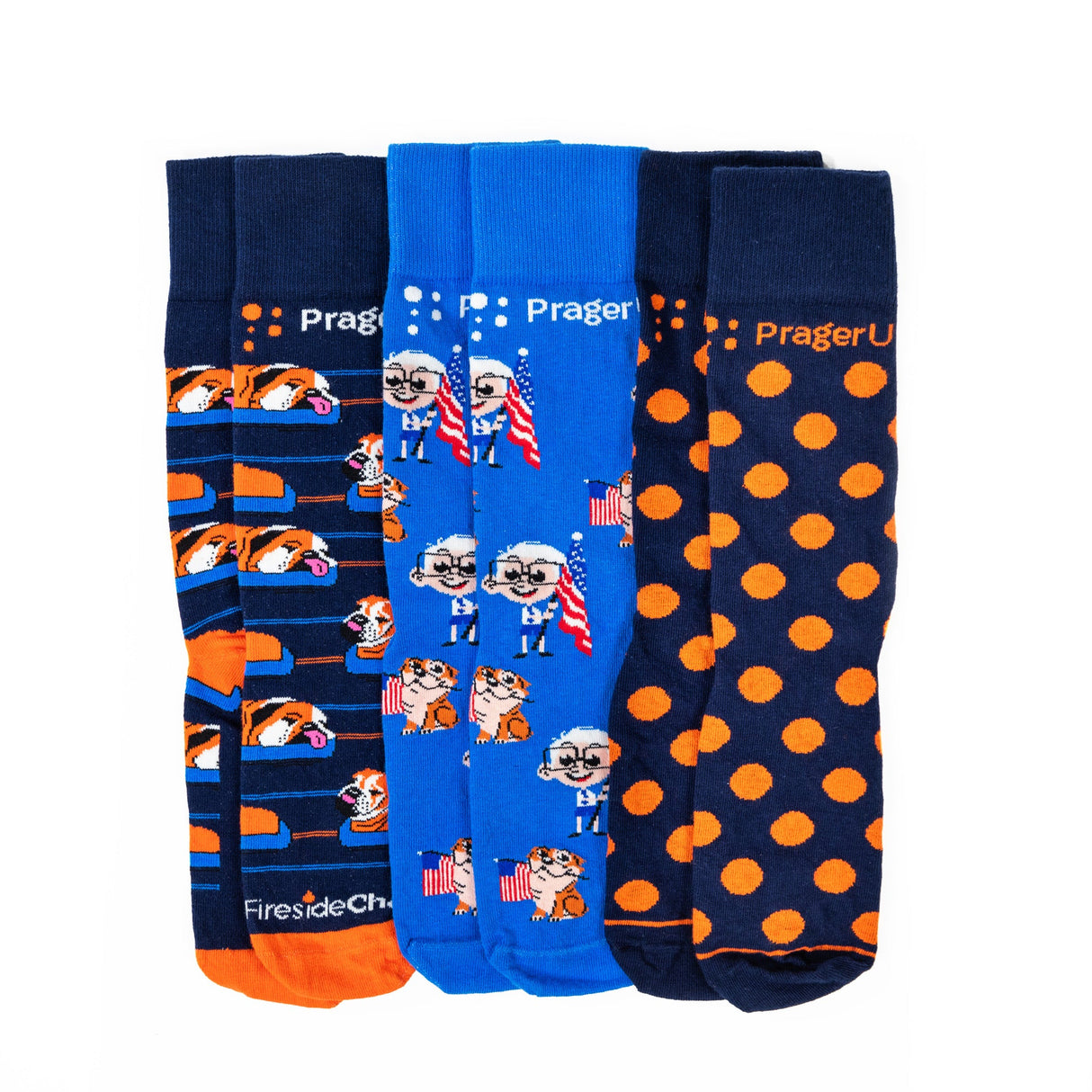 Set of three classic PragerU socks featuring varied patterns, made of comfortable fabric for everyday wear.