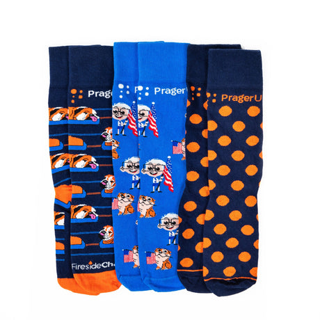 Set of three classic PragerU socks featuring varied patterns, made of comfortable fabric for everyday wear.
