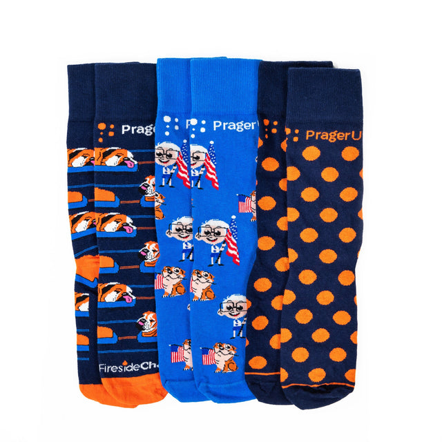 Set of three classic PragerU socks featuring varied patterns, made of comfortable fabric for everyday wear.