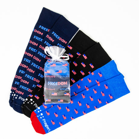 PragerU Sock Trio featuring Freedom-themed socks in various designs, made of comfortable, colorful fabric.