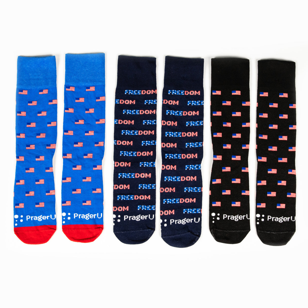 Set of three PragerU America 250 Collection socks featuring patriotic designs and symbols of freedom.