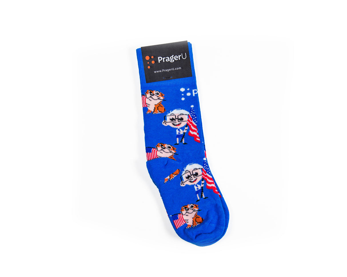 PragerU Young Dennis & Otto Socks featuring colorful cartoon characters on comfortable fabric for casual wear.